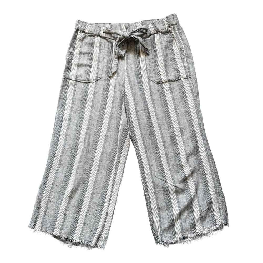 Caslon Pants Womens Medium Gray Striped Linen Blend Crop Tie Waist Fringe Hem